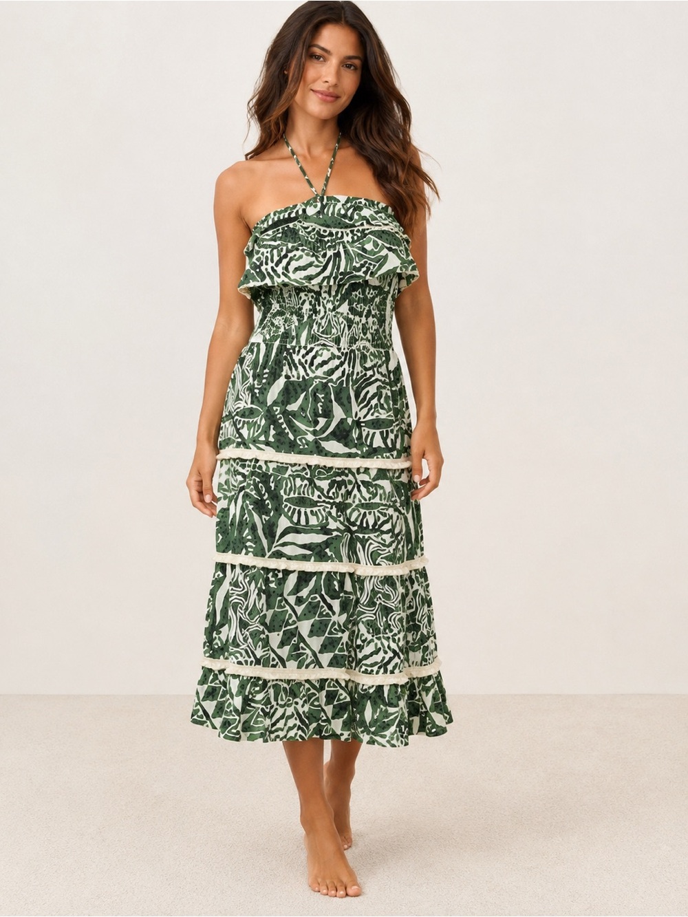 Dotti Green Tropical Print Smocked Halter Midi Dress Swim Cover Up NWT S & L
